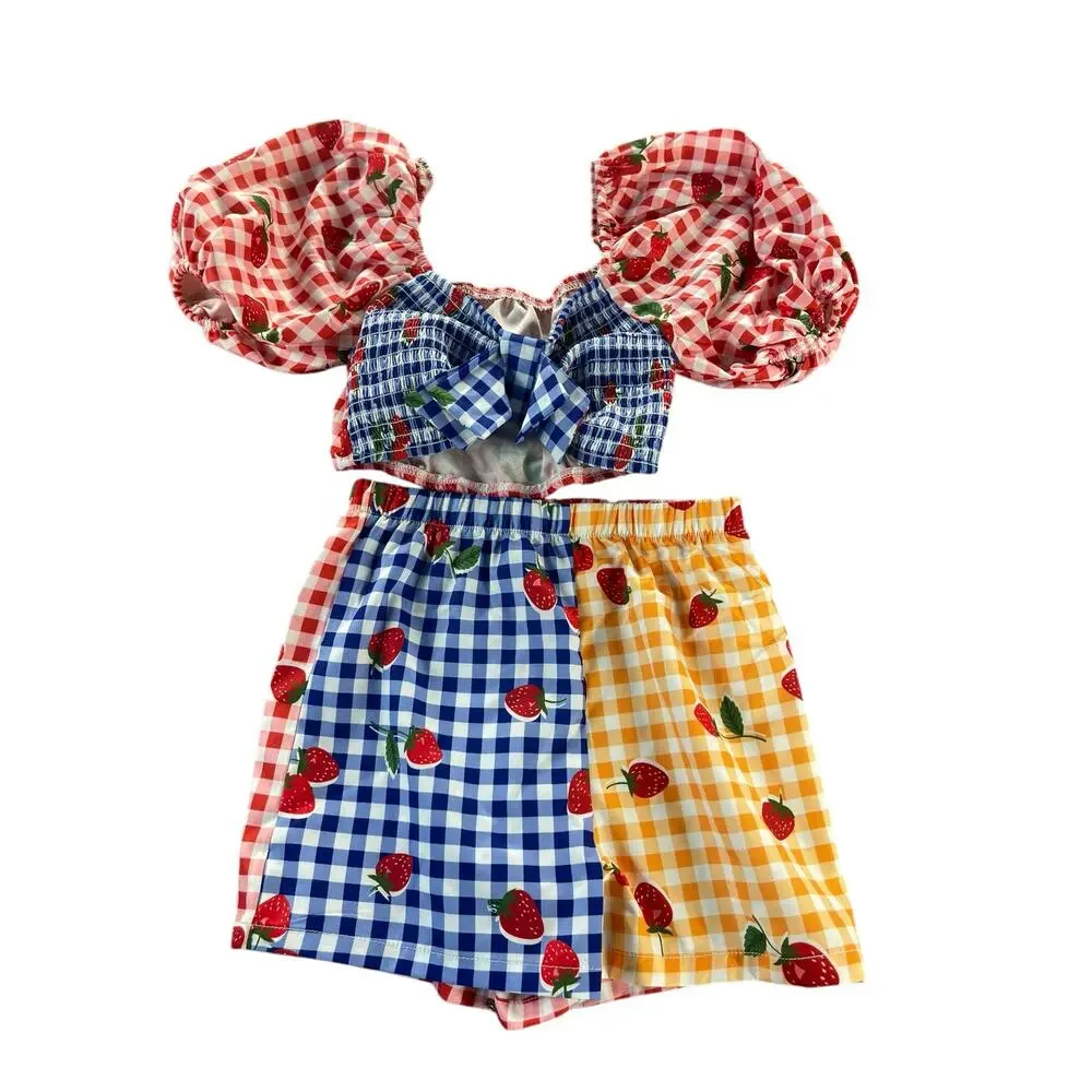 Shein Girls Mixed Media Strawberry Gingham Plaid Outfit Youth Size 8Y